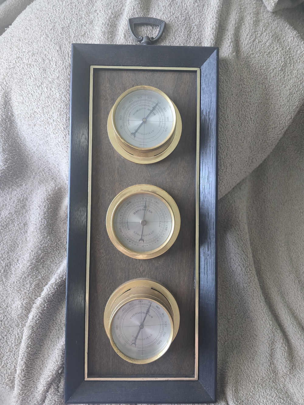 Vintage MCM Nautical Wood Frame Wall Weather Station Brown & Gold Rustic Wear